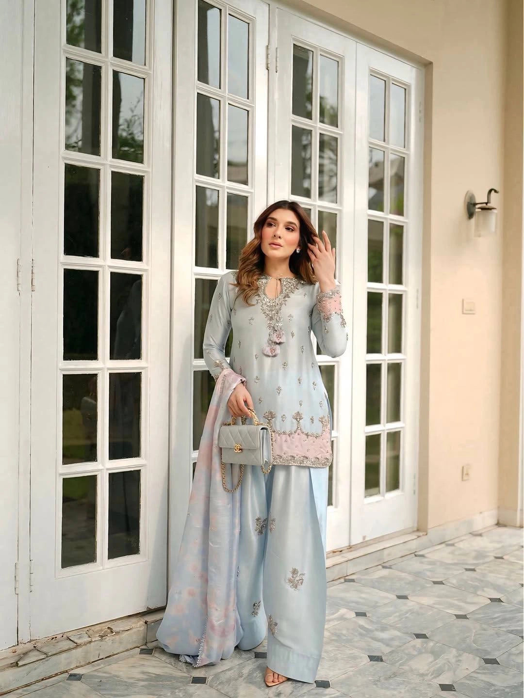 Elegant Japan satin silk suit in sky blue featuring delicate sequins work