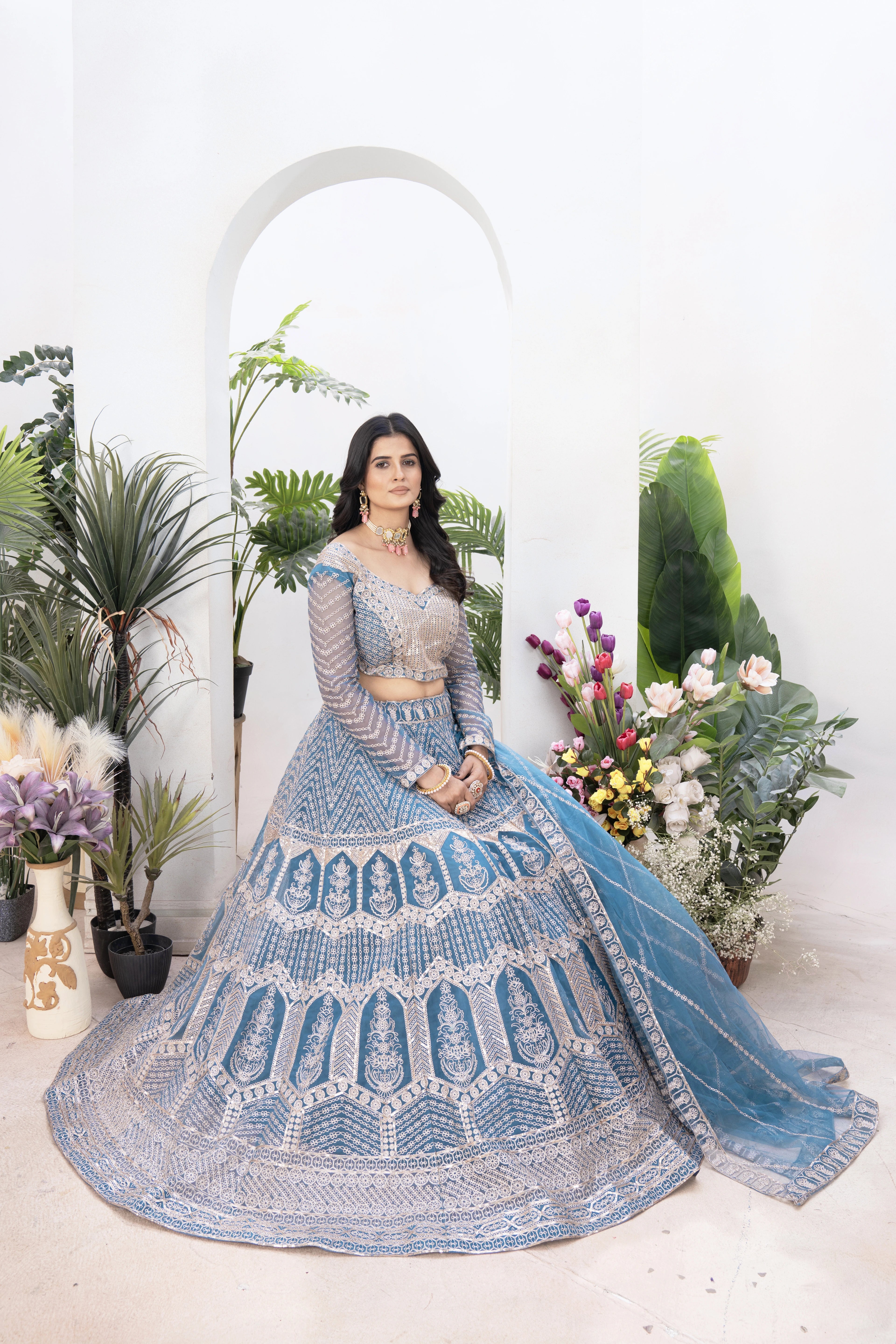 Sky Blue Sequins Zari Embroidered Butterfly Net Lehenga