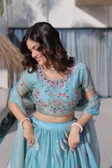 Woman wearing a traditional blue embroidered outfit with a blurred background