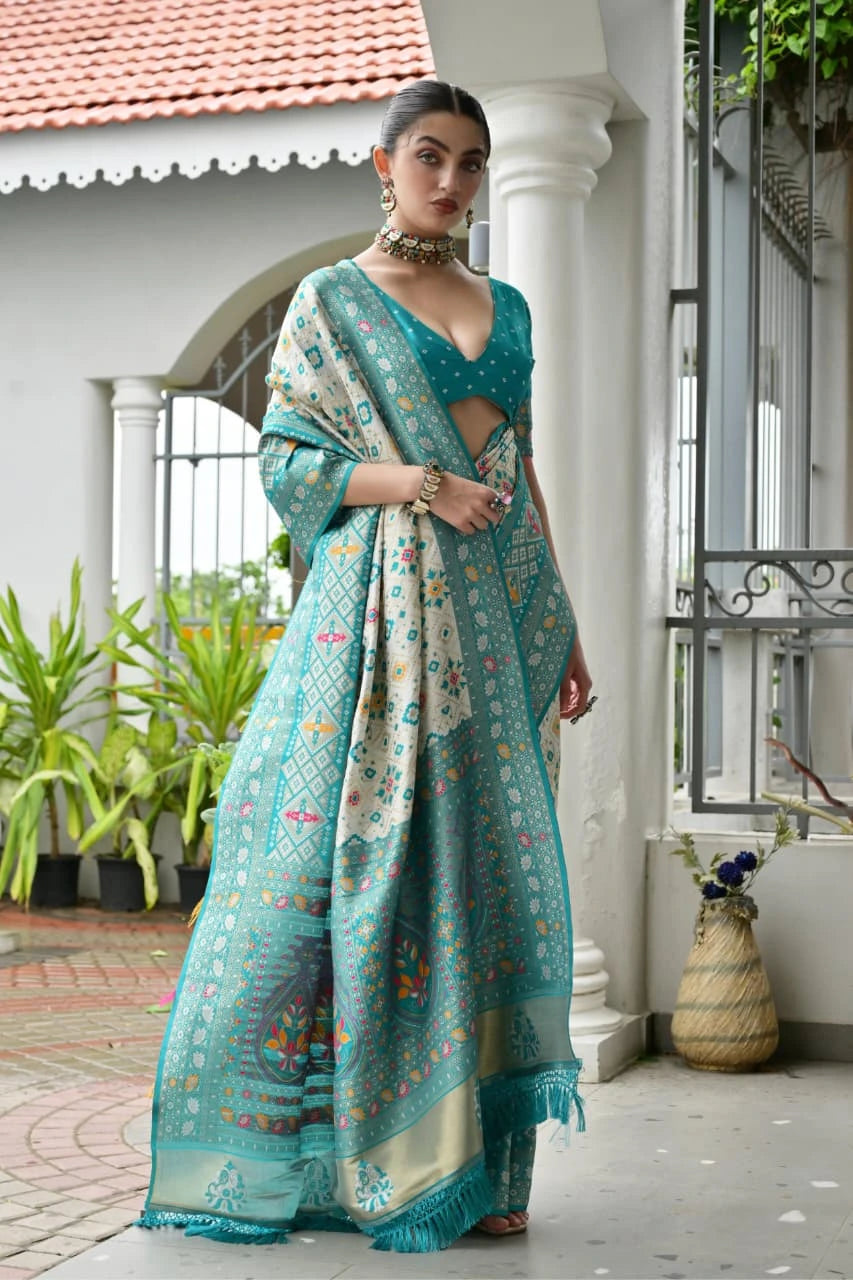 Elegant soft Banarasi silk saree in sky blue shade featuring intricate zari border and pallu