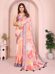 Soft Peach Digital Floral Print Saree in Linen Cotton – full front standing view with bold rose blooms and contrast border