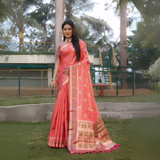 Soft Peach Ikkat Patola Weaving Organza Silk Saree