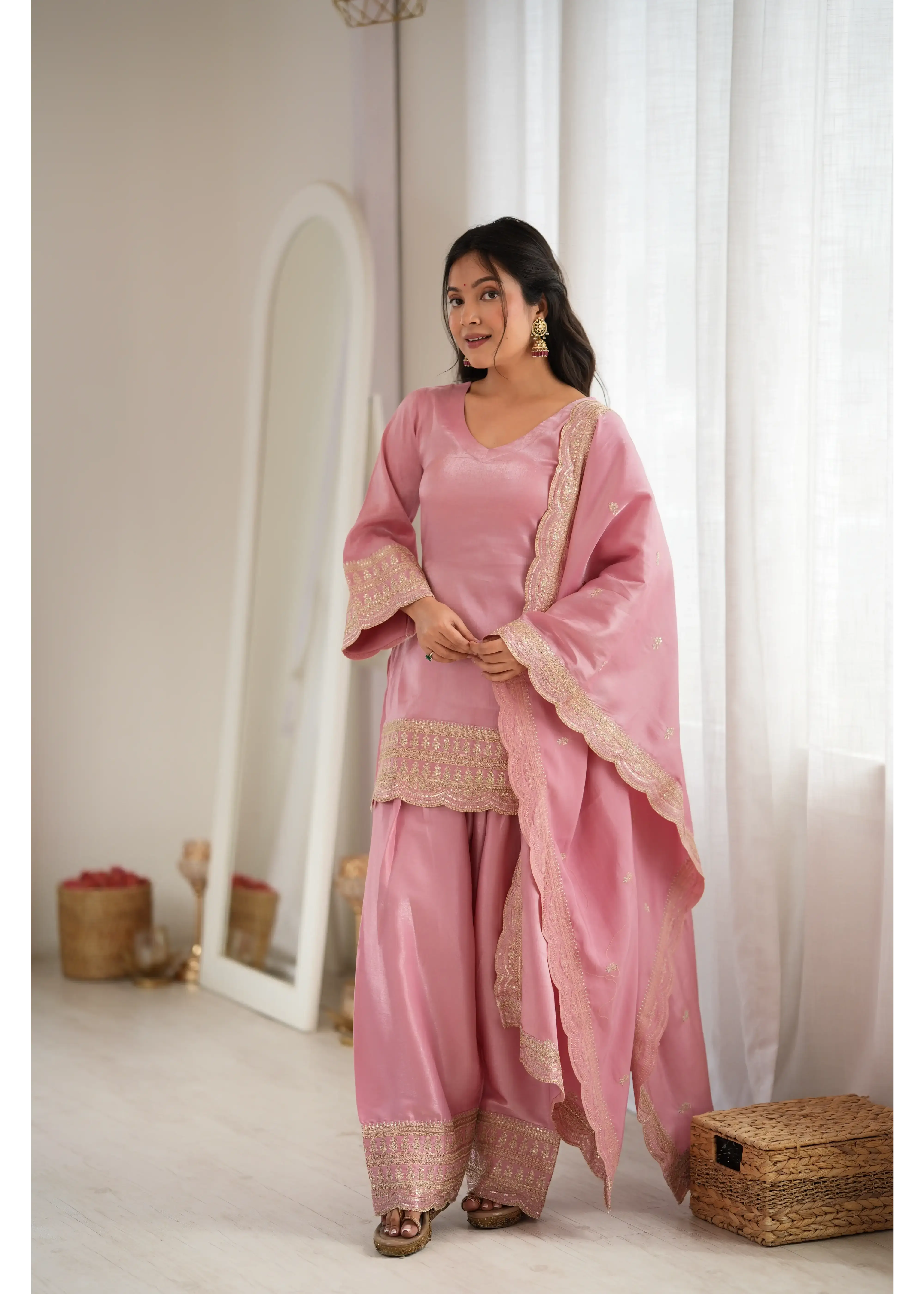 Soft Pink Roman Silk Suit – Front View with Dupatta Draped