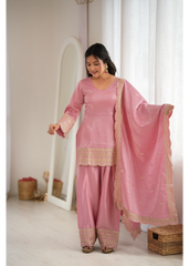 Soft Pink Suit with Scallop Hem and Embroidery – Dupatta Held Up View
