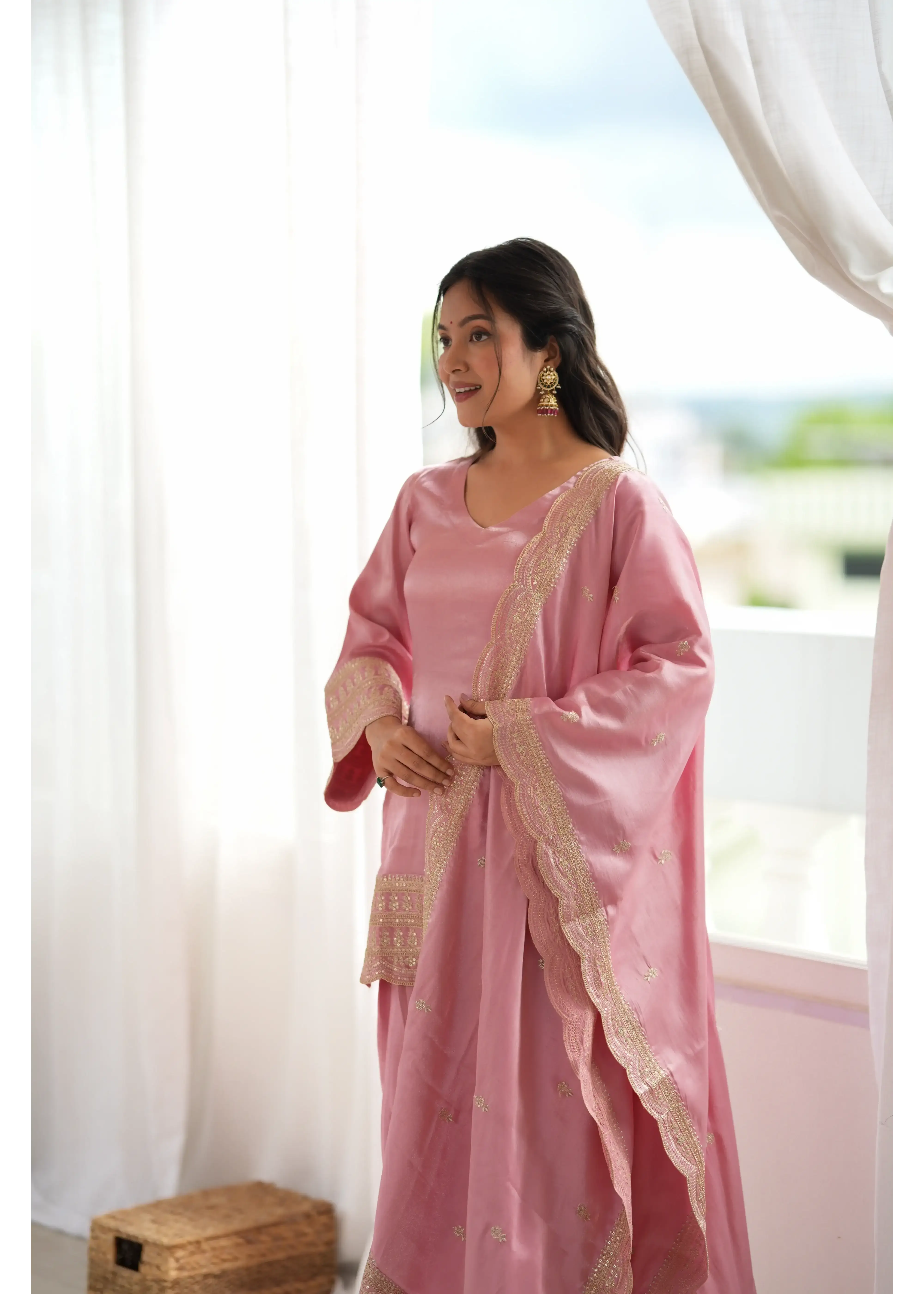 Soft Pink Embroidered Suit – Outdoor Window Full Length Front View