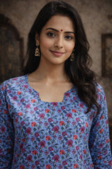 Woman wearing a blue floral top against a neutral background