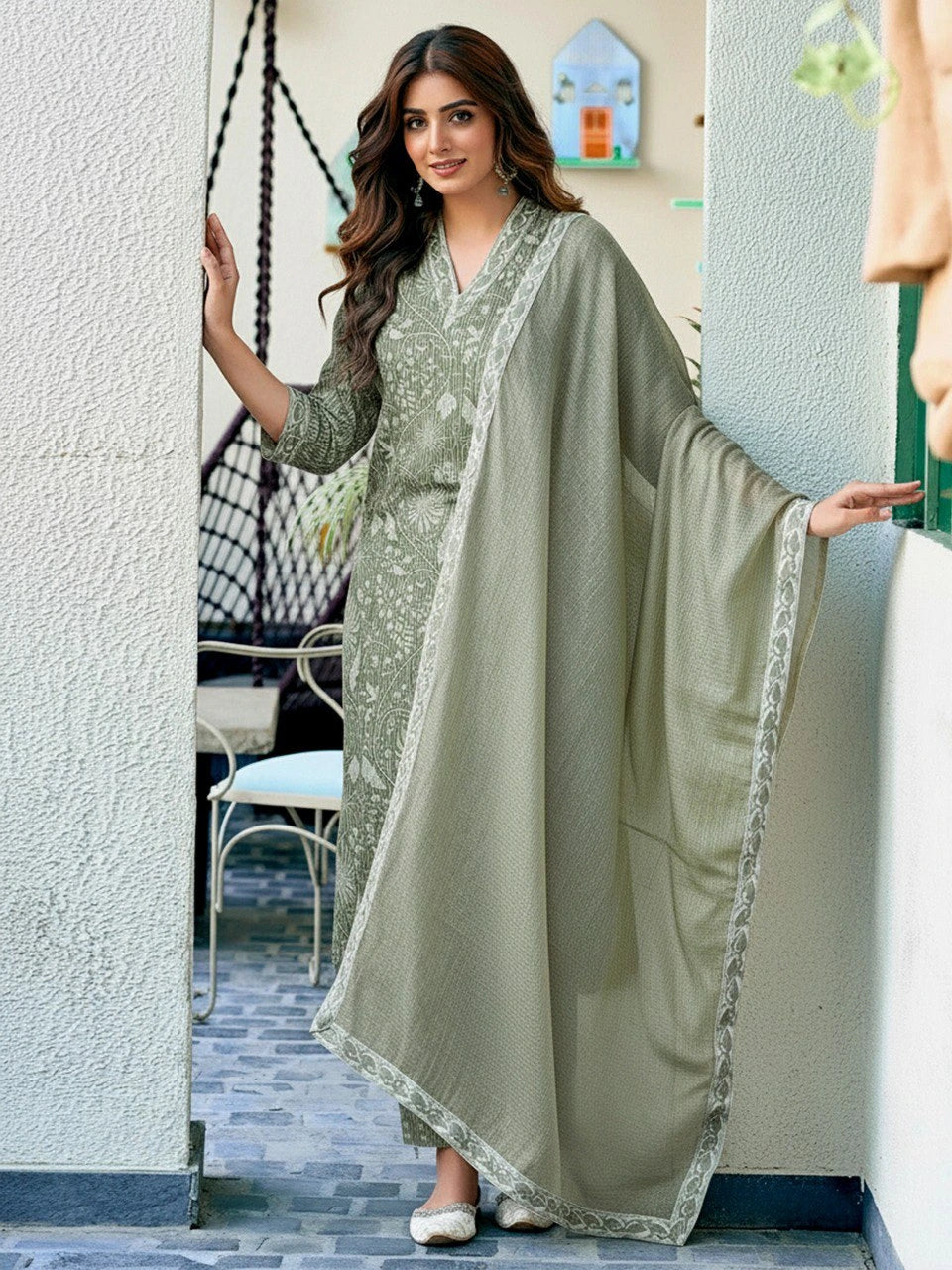 Woman wearing a green traditional outfit with a matching dupatta in an outdoor setting.
