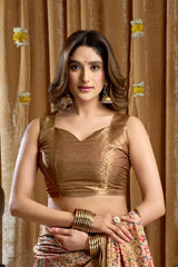 Woman wearing a gold blouse and colorful saree against a brown curtain background