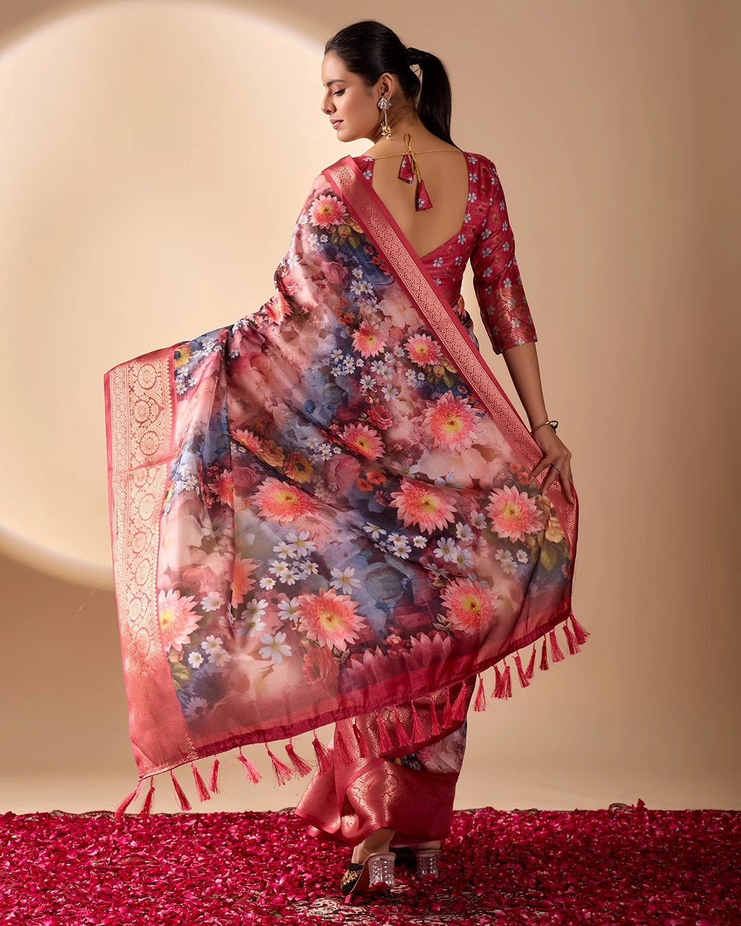 Soft Peach Digital Print & Zari Woven Border Soft Lichi Silk. – Kalyanja
