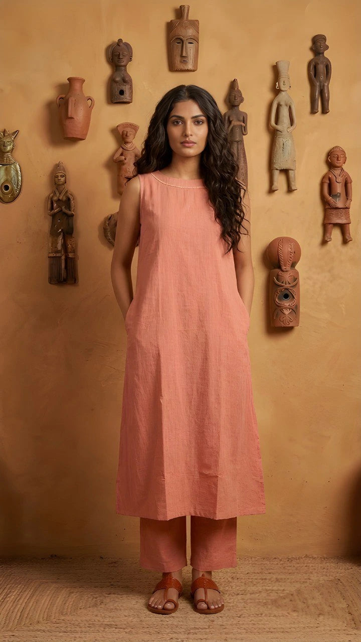 Woman in a peach sleeveless top and pants standing against a wall with decorative masks.