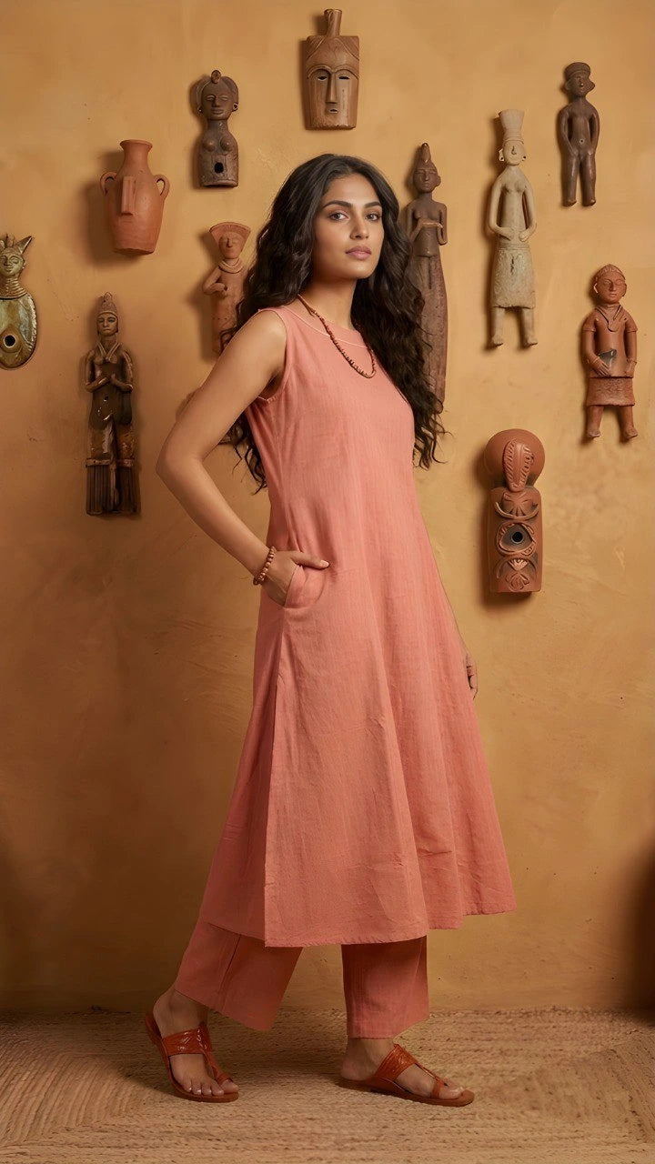 Woman in a pink dress standing against a wall with various tribal masks.