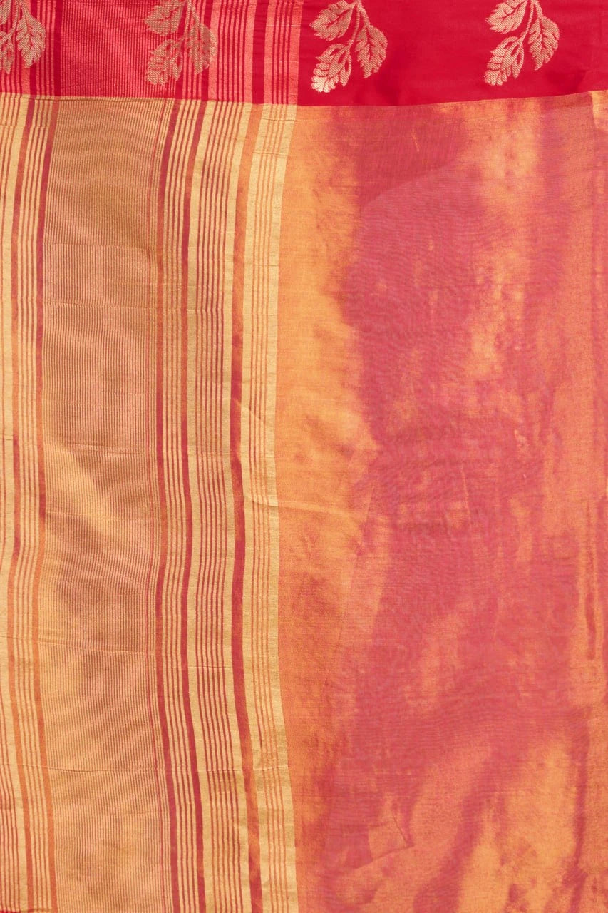 Red and gold striped fabric with floral patterns at the top