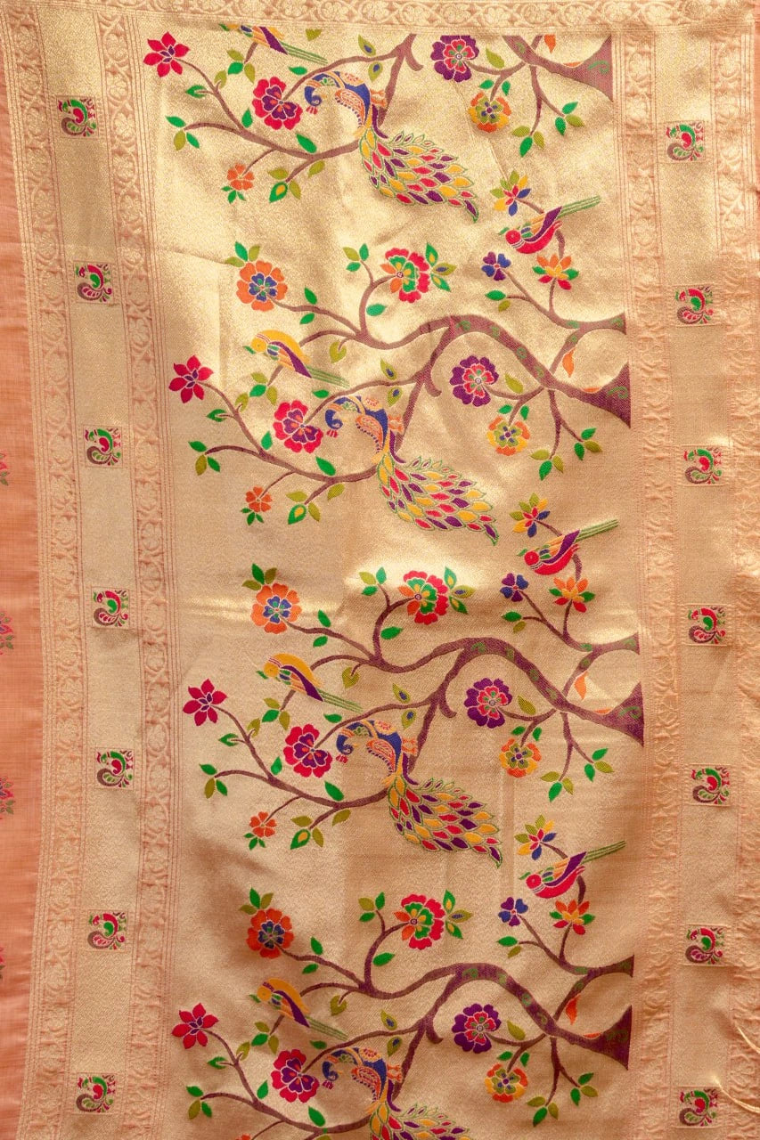 Beige fabric with colorful floral and bird embroidery