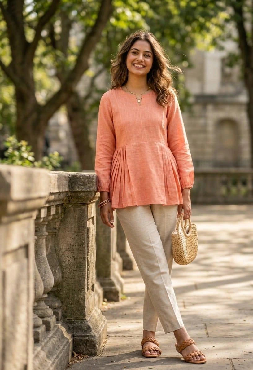 Woman in a peach-colored top and light pants standing outdoors with trees and stone steps in the background.