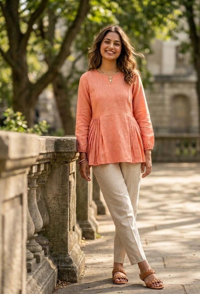 Woman in a peach-colored top and beige pants standing outdoors near stone steps.