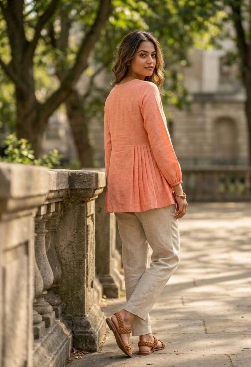 Woman in peach top and beige pants standing on a stone path with trees in the background