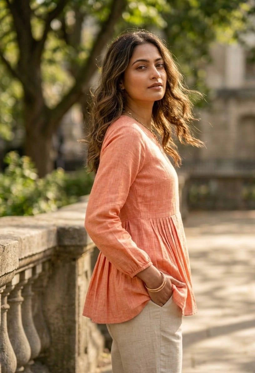 Woman in a peach blouse standing outdoors with trees and stone wall in the background