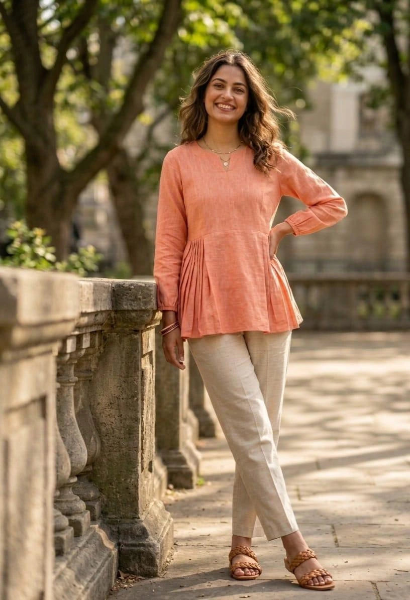 Woman in a peach-colored top and light pants standing outdoors with trees and stone steps in the background.