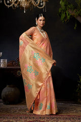 Woman in a peach saree with floral patterns in a dark room.