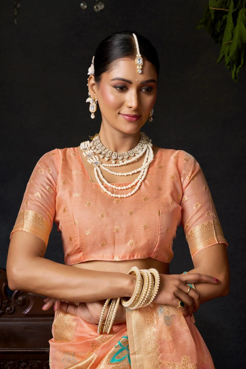 Woman in traditional attire with jewelry against a dark background