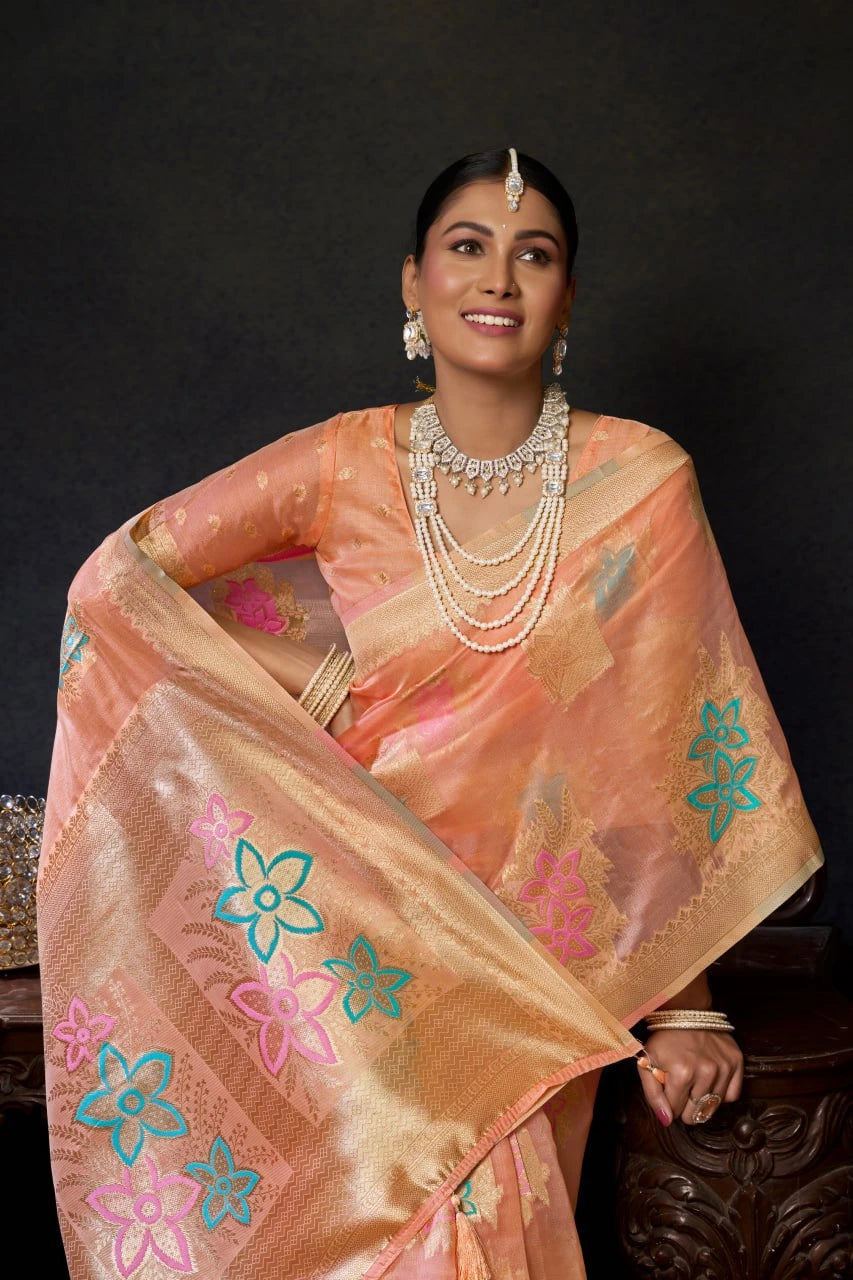 Woman wearing a peach saree with floral patterns against a dark background