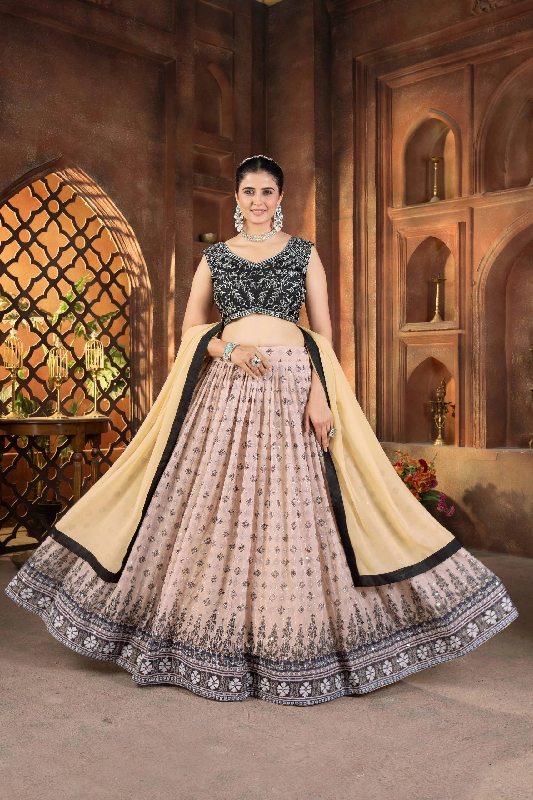 Woman in a traditional outfit with a decorative background