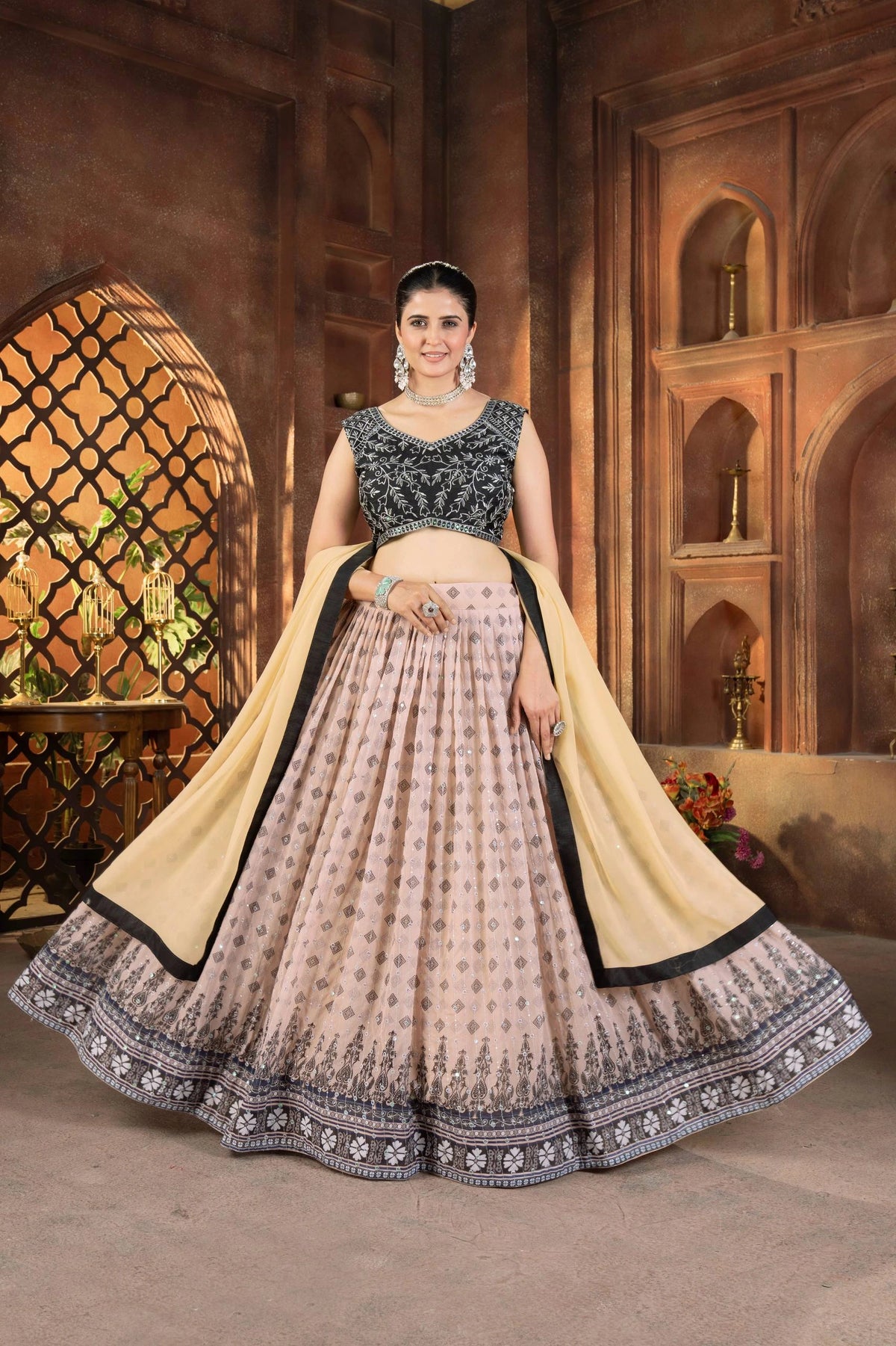 Woman in a traditional outfit with a decorative background