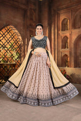 Woman in a traditional outfit with a decorative background
