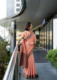 Soft Peach Zari Woven Border Linen Tissue Silk Saree