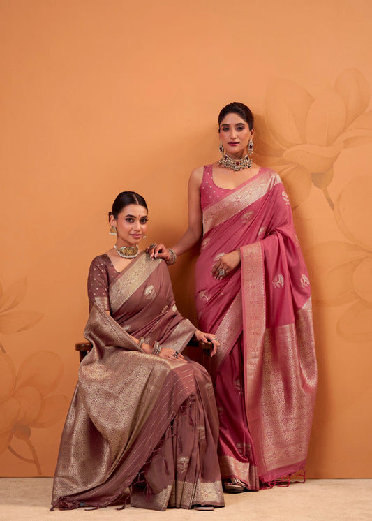 Two women in traditional sarees against a beige background