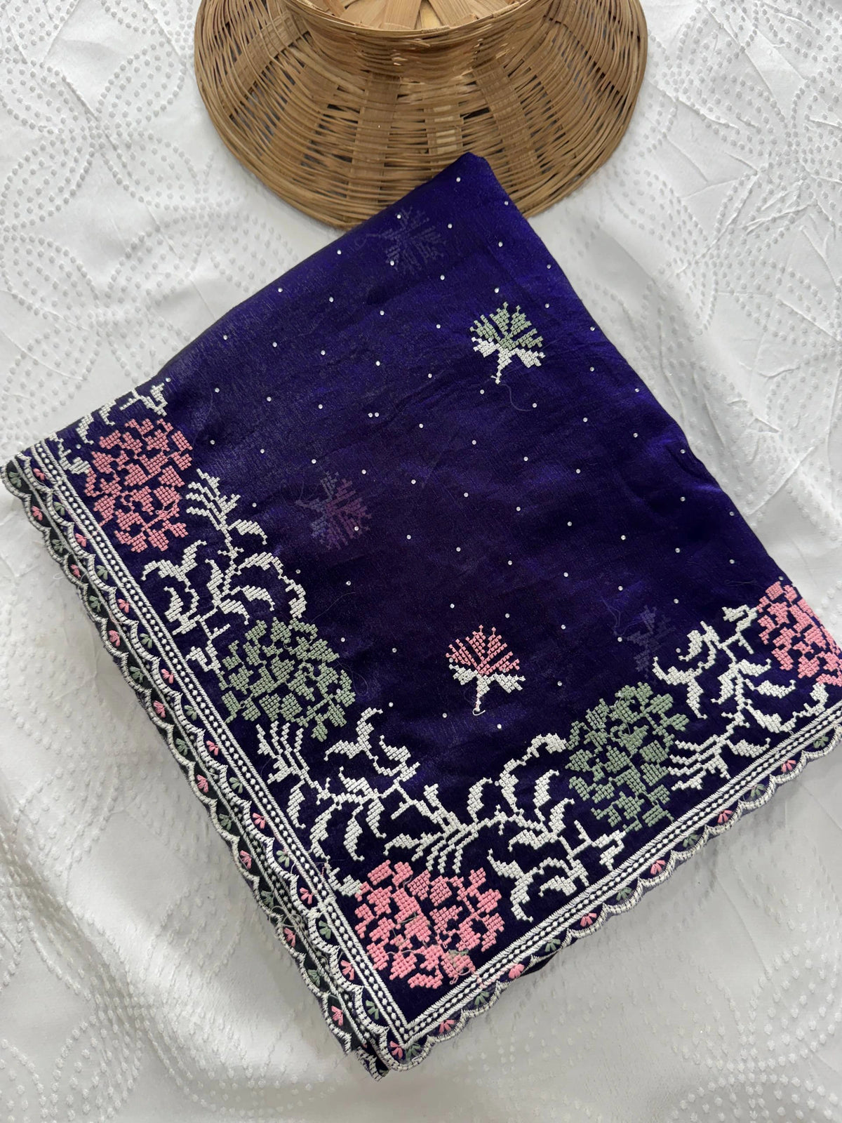 Soft purple embroidered Swarovski work chiffon silk saree with delicate Fendy design, shimmering border, and matching blouse piece — elegant attire for festive and wedding occasions
