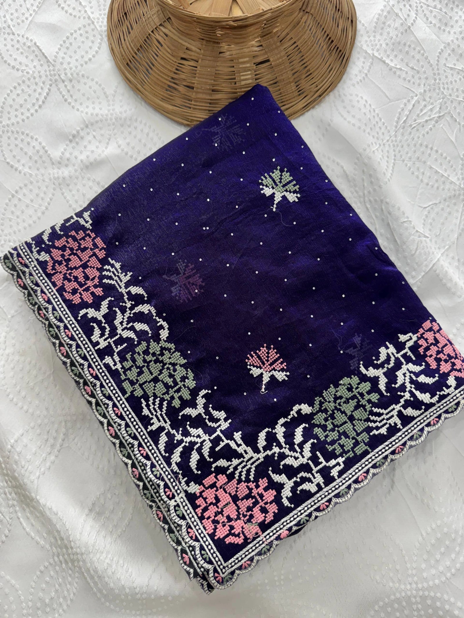 Soft purple embroidered Swarovski work chiffon silk saree with delicate Fendy design, shimmering border, and matching blouse piece — elegant attire for festive and wedding occasions