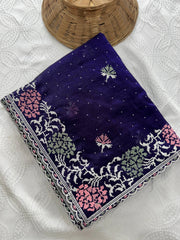Soft purple embroidered Swarovski work chiffon silk saree with delicate Fendy design, shimmering border, and matching blouse piece — elegant attire for festive and wedding occasions