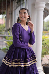 Women's Royal Purple Tiered Lehenga Set with Golden Gota Lace Border and Elegant Traditional Design