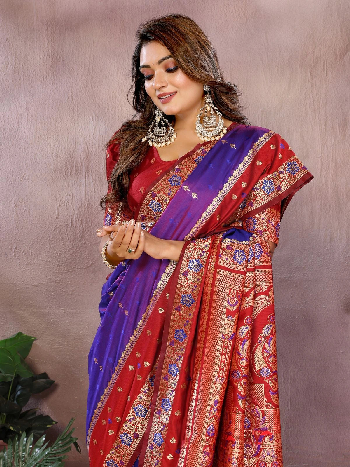 Woman wearing a red and purple saree with intricate patterns against a brown background