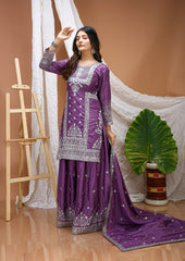 Woman in a purple traditional outfit with white embroidery against a brown background