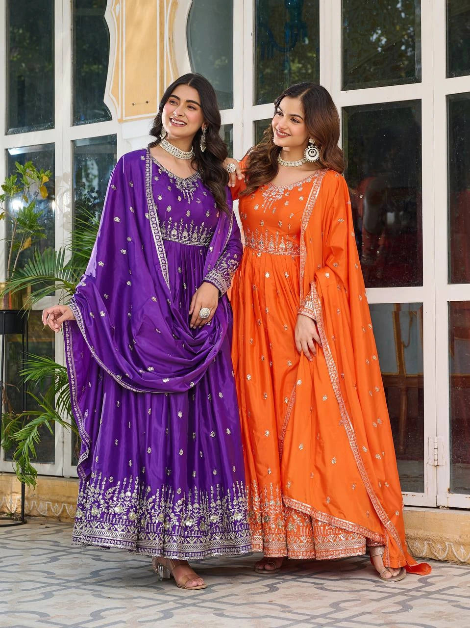 Product page showing soft purple silk suit with traditional sequins and thread embroidery design.