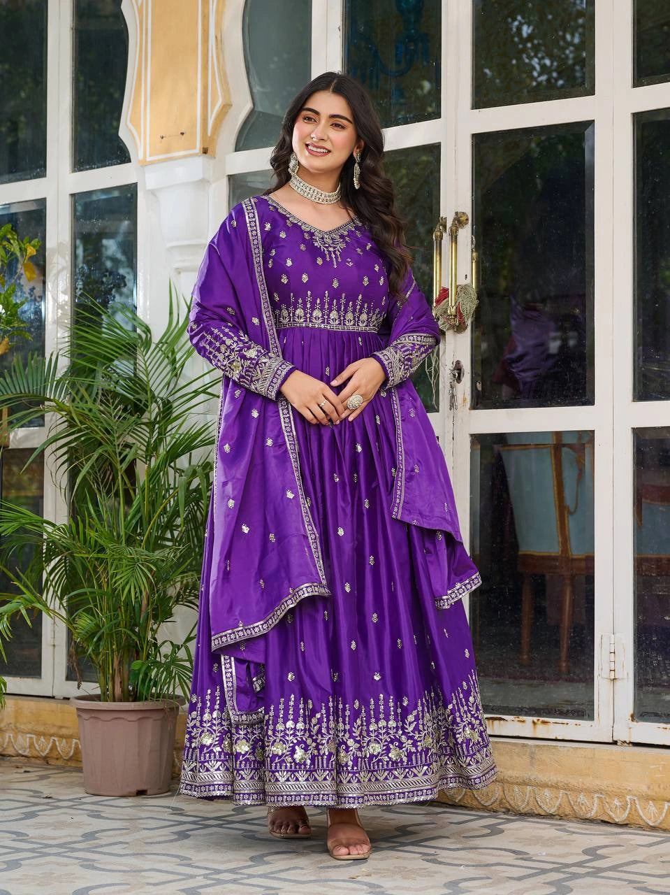 Elegant soft purple American silk suit with sequins and thread embroidery displayed on product page.
