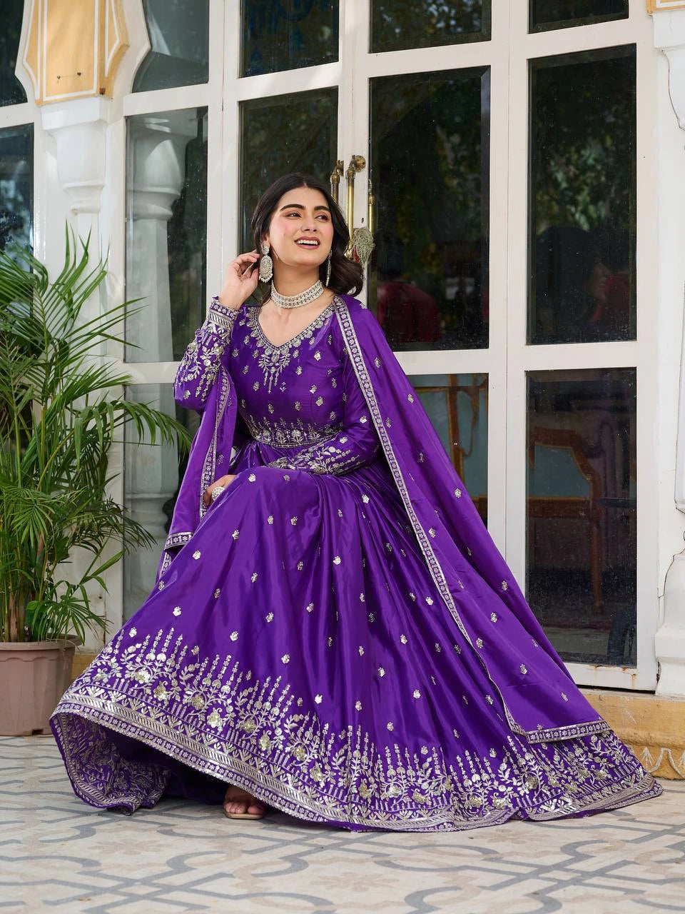 Shopify product listing showcasing soft purple silk suit with ornate sequins and thread embellishments.