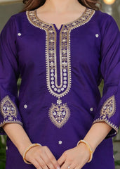 Traditional soft purple embroidered Chanderi silk kurti with ornate zari detailing for festive wear.