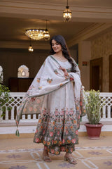 Soft pastel Anarkali suit designed with artistic floral motifs and premium craftsmanship for all-day comfort.
