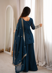 Teal Blue Sequins Embroidered Suit – Back View with Open Dori Tie-Up