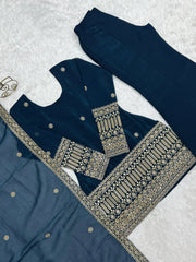 Sequins and Zari Embroidery Border Detail on Teal Blue Suit