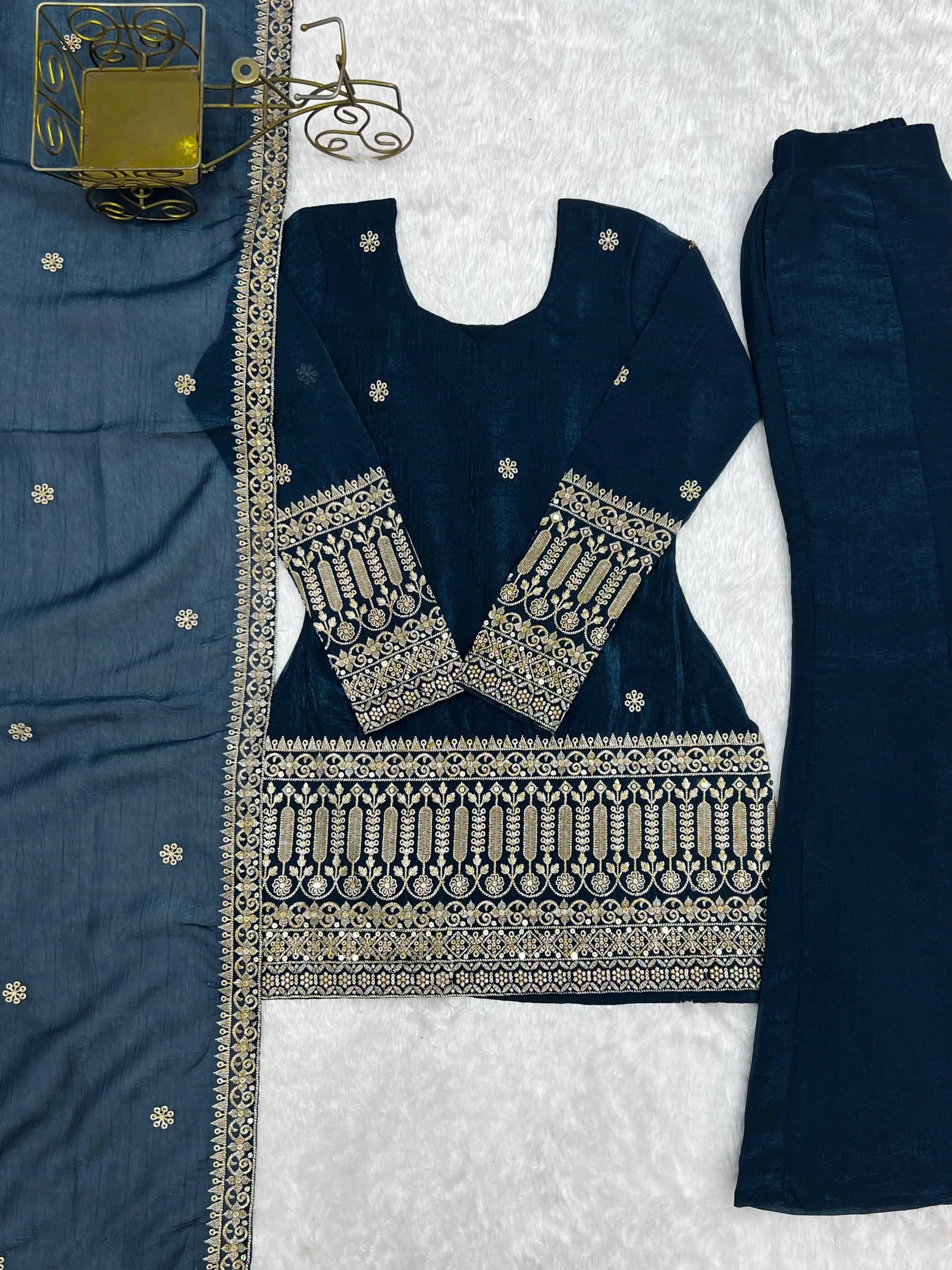 Teal Blue Sequins Embroidered Suit Set Flat Lay – Suit Bell Bottom and Dupatta