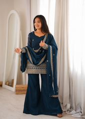 Teal Blue Suit with Bell Bottom Pant and Dupatta – Full Length Front View