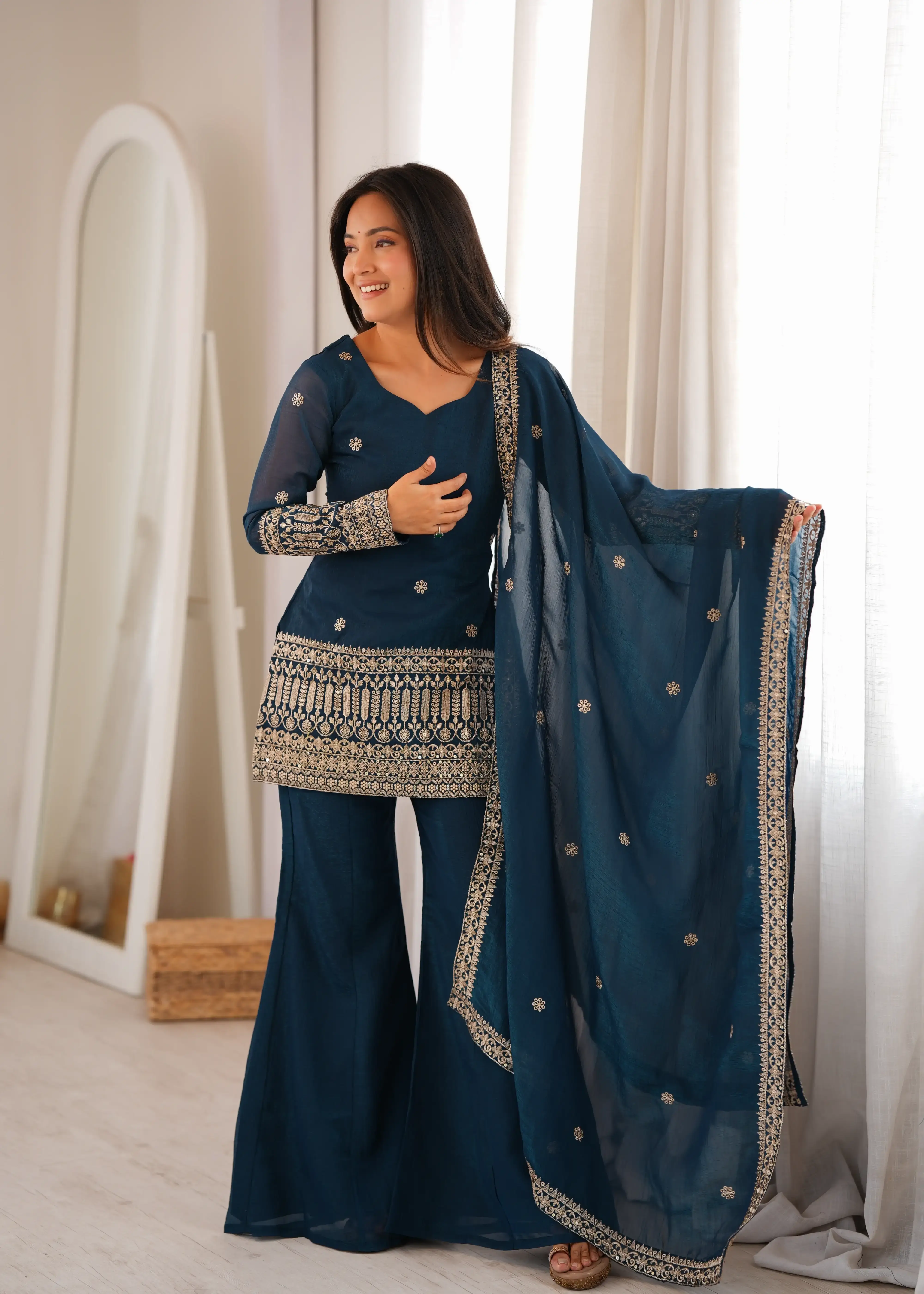 Teal Blue Crunchy Silk Suit – Front View with Dupatta Flowing