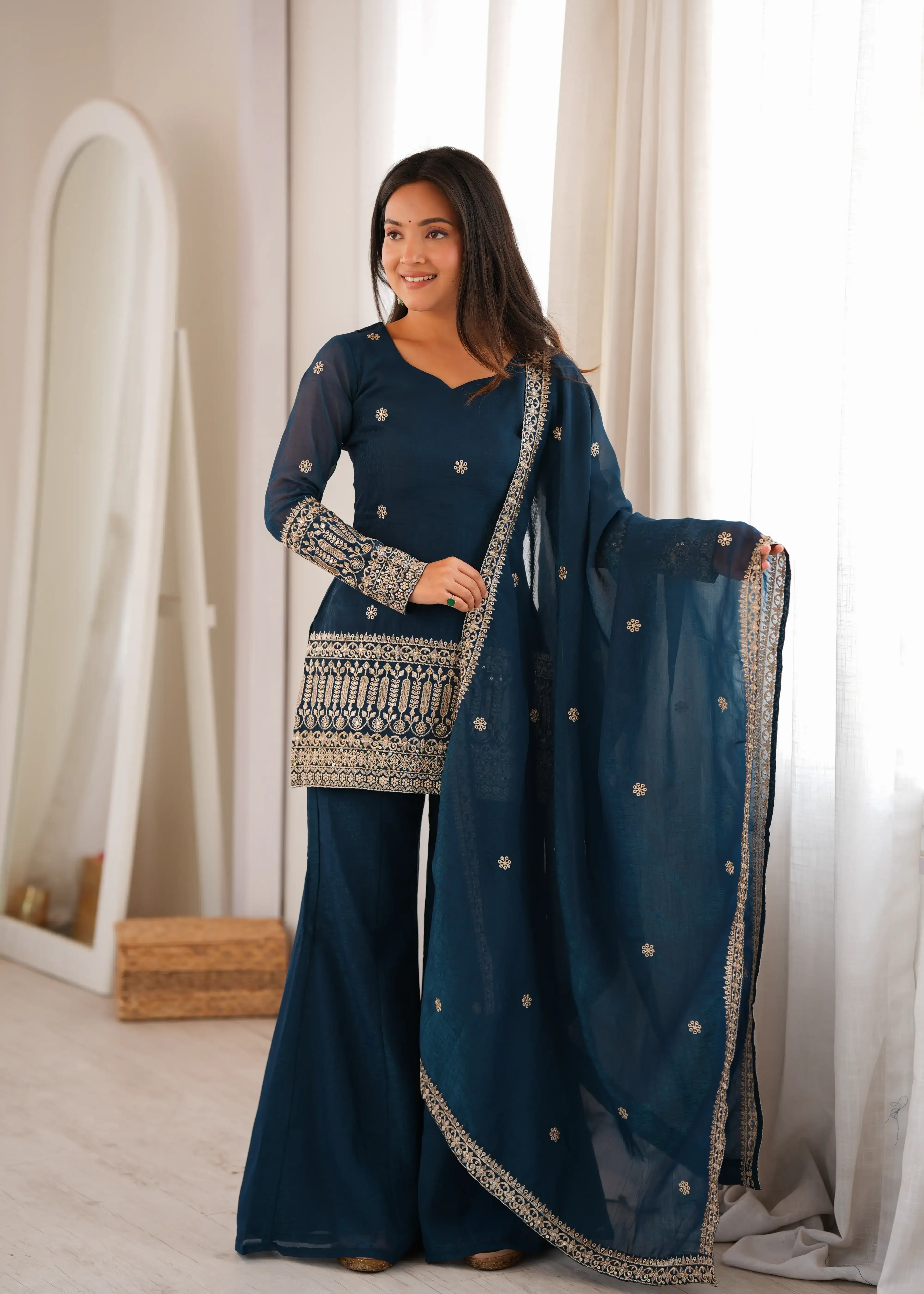 Teal Blue Zari Work Suit with Bell Bottom Pant – Front View