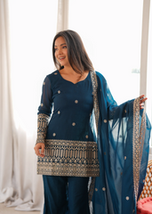 Teal Blue Sequins Embroidered Suit – Window Background Front View