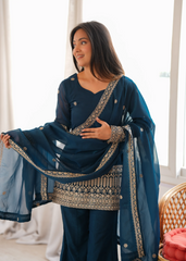 Teal Blue Suit with Dupatta Draped – Front Standing View