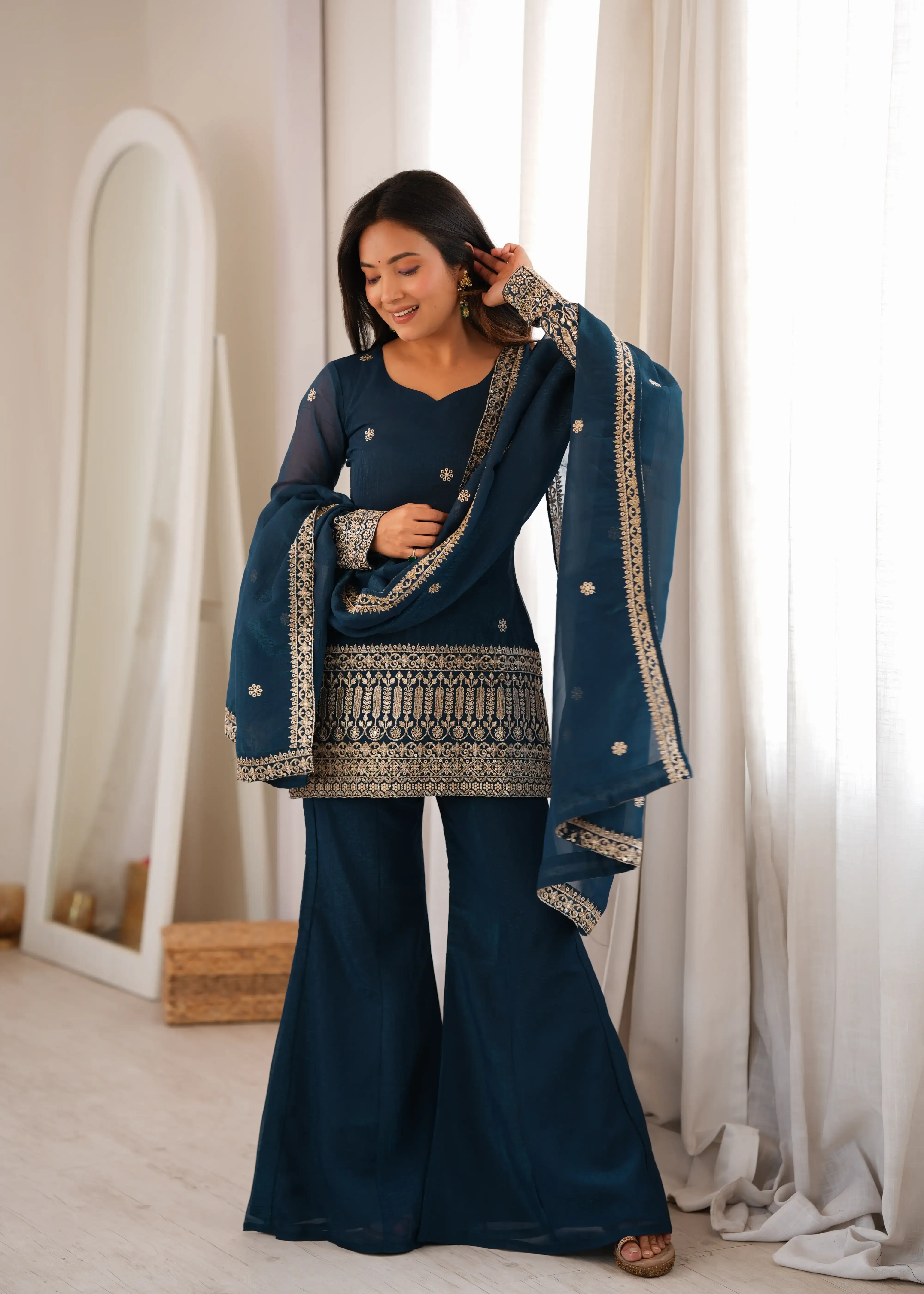 Teal Blue Sequins Embroidered Suit in Crunchy Silk Blend – Front Model View